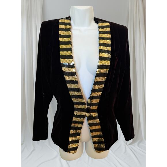 Vintage Scott McClintock Black Velvet Gold Sequin Evening Blazer USA, Size 6
